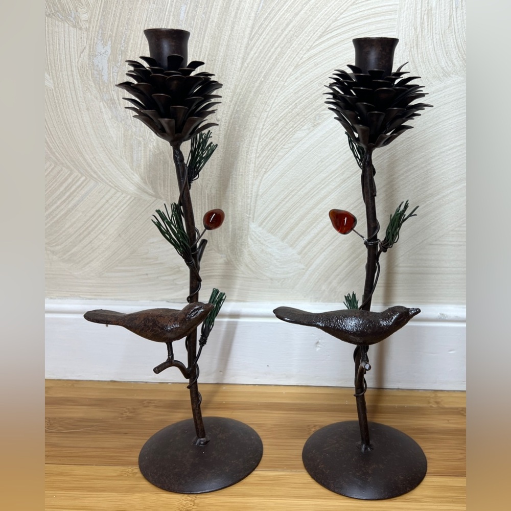 Rustic sculpted Metal Taper candle Holder W/Perched Bird & Pinecone|Set Of Two